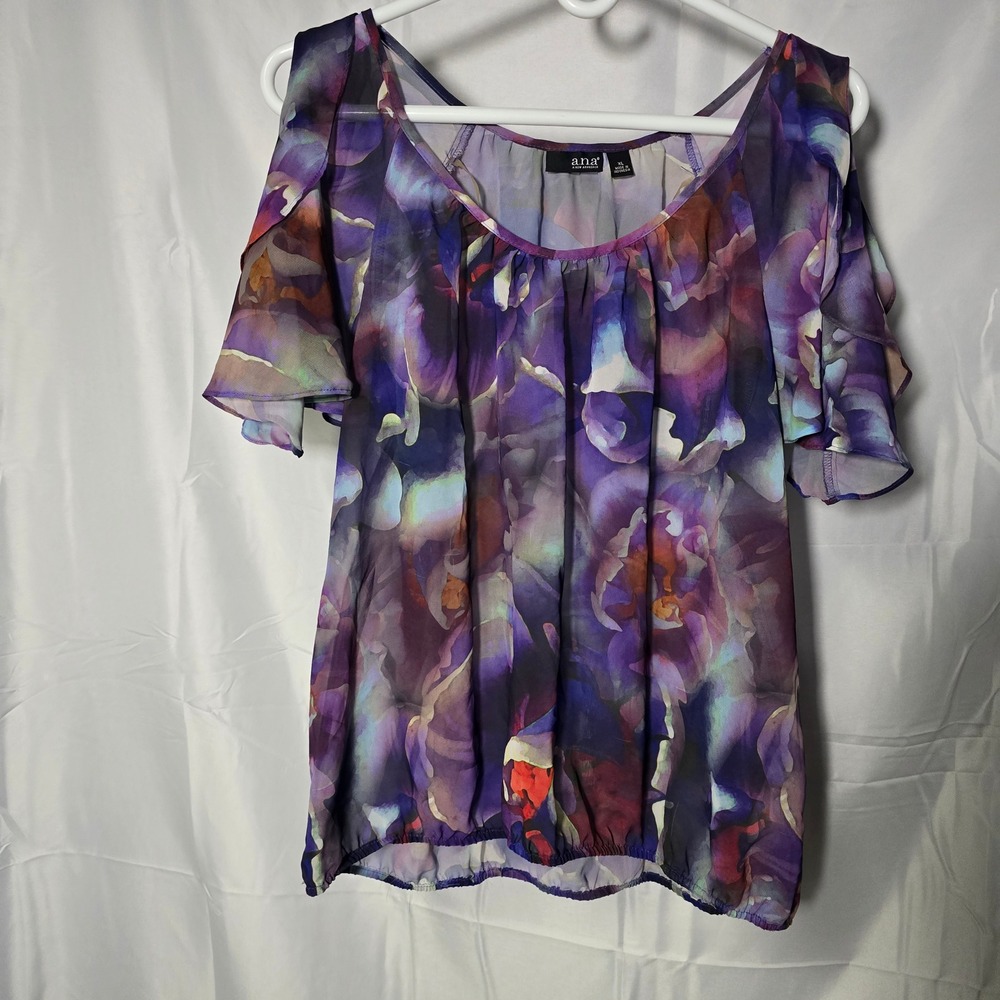 ana Women XL Purple Floral Cold‎ Shoulder Chiffon Blouse Top